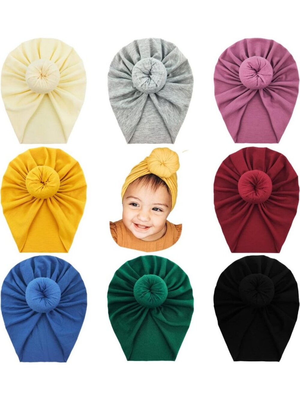 8 Pack Solid Cotton Stretchy Bow Beanies & Turban Hats for Baby Girls & Toddlers